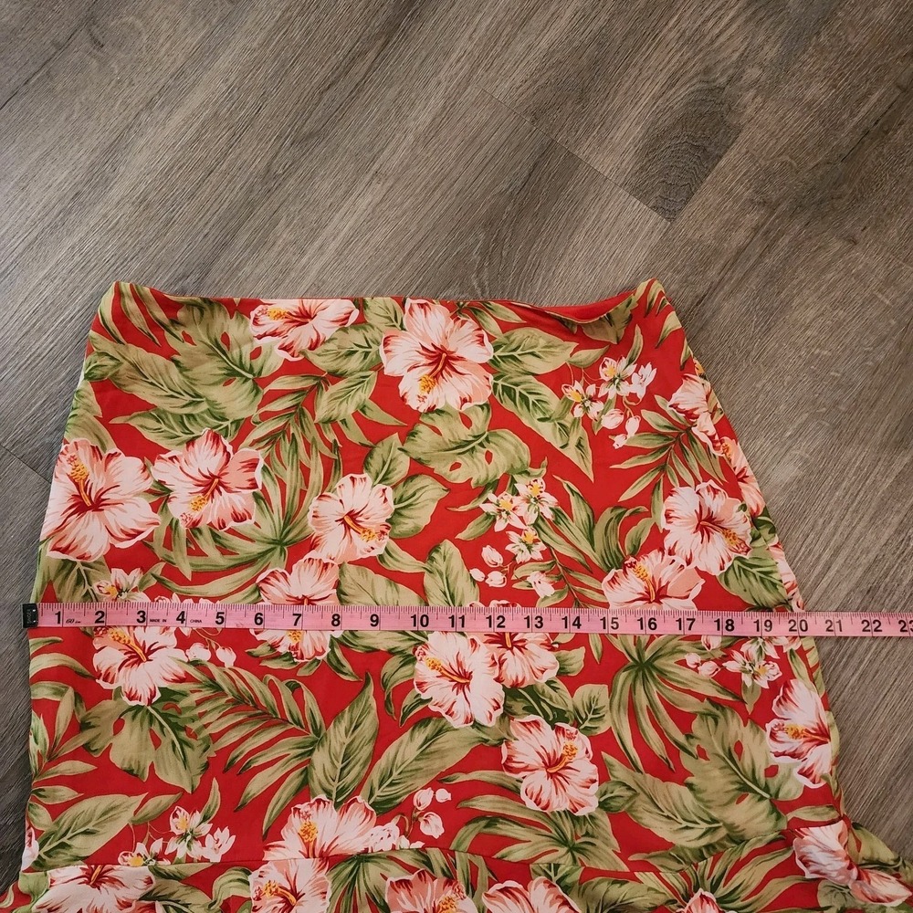 Jones NY Silk Mini Skirt 8 Red Floral Hibiscus Y2K Tropical Cruise Beachy Resort - Picture 10 of 12